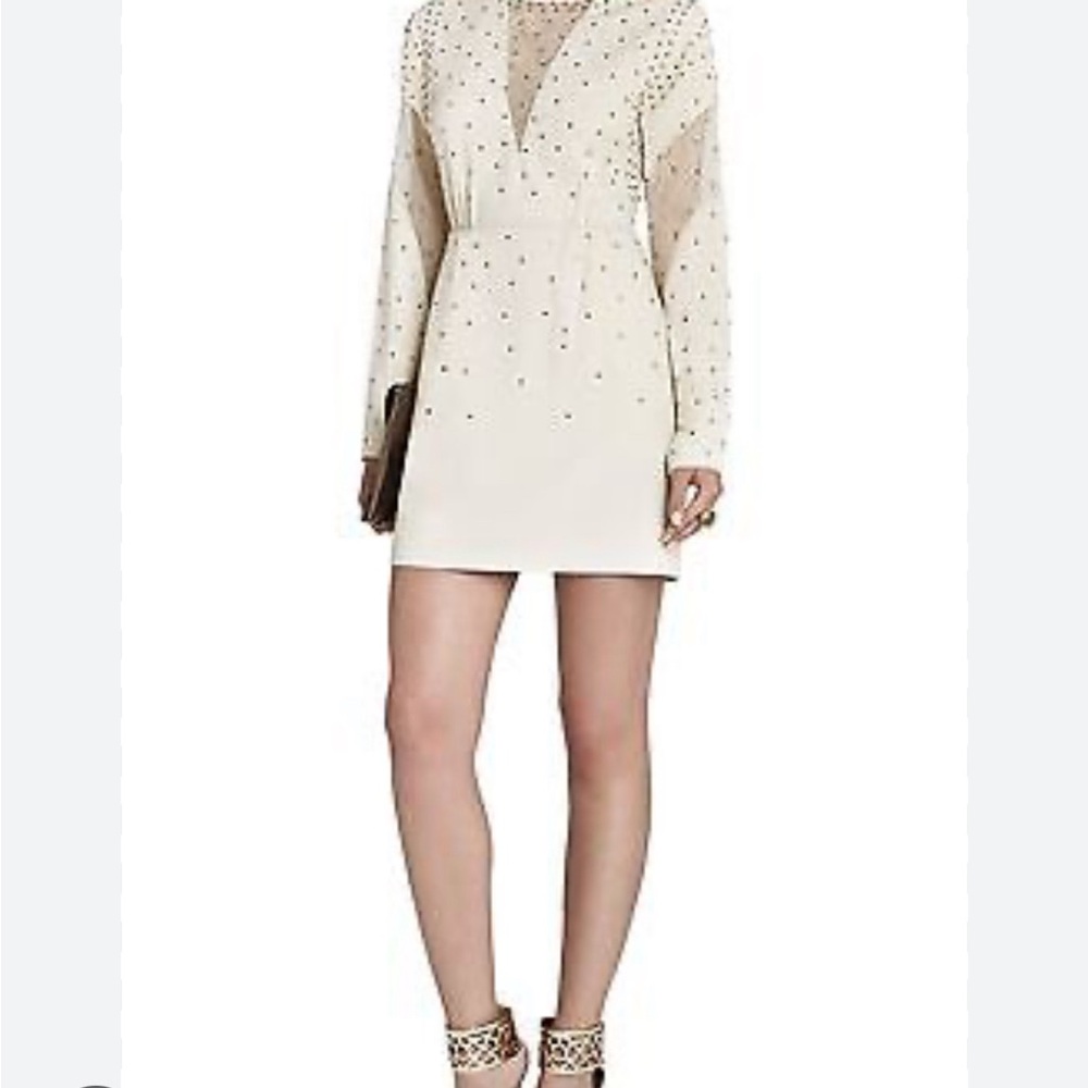 NWOT BCBG Max Azria lake studded cream mini  dress with sheer chest panel size L